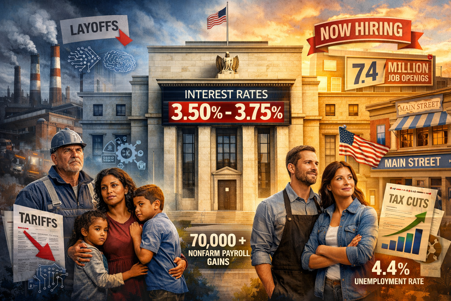 Detailed landscape format (1536x1024) conceptual illustration showing Federal Reserve building with interest rate display showing 3.50%-3.75