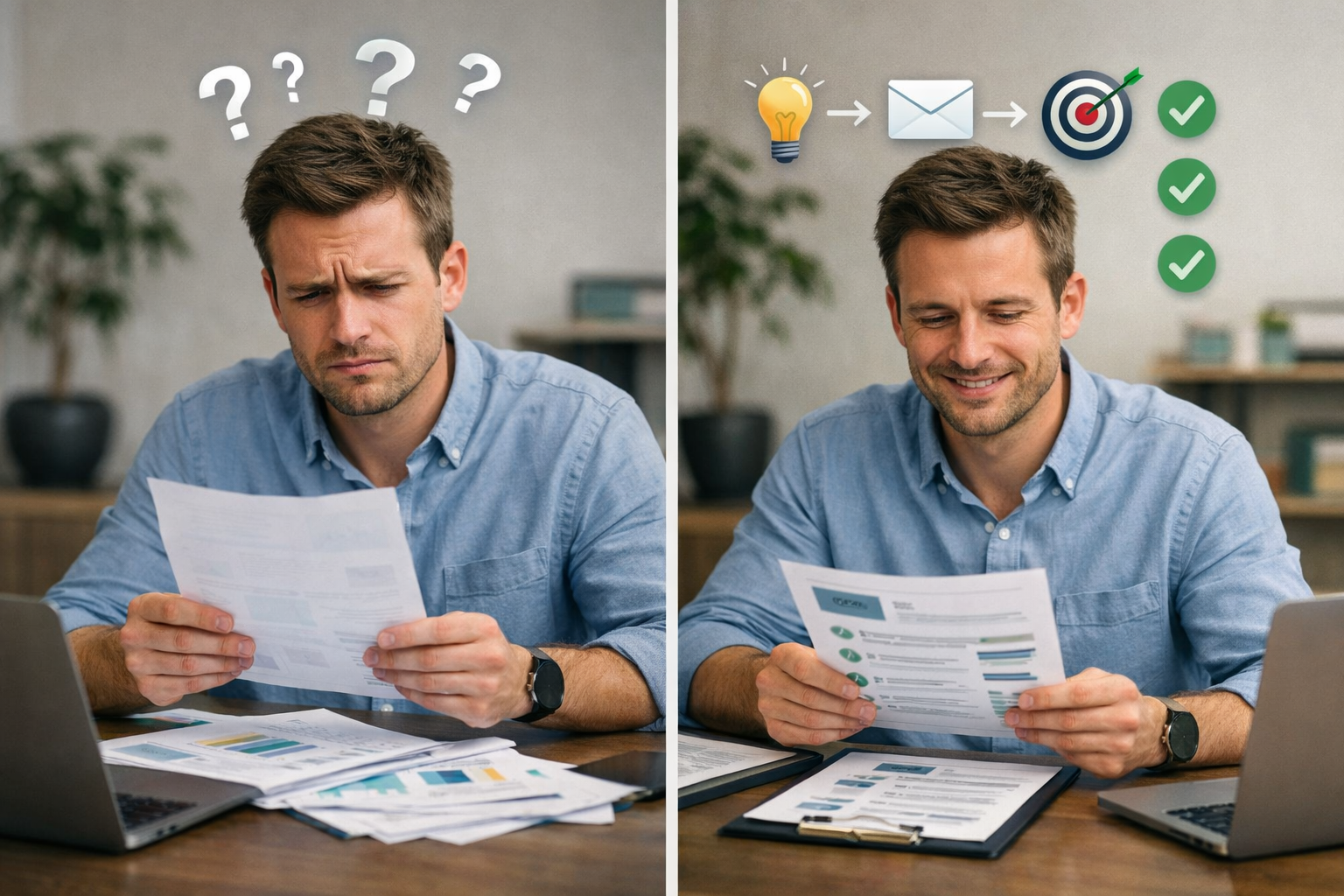 () image showing split-screen comparison: left side displays confused prospect reading unclear marketing materials with