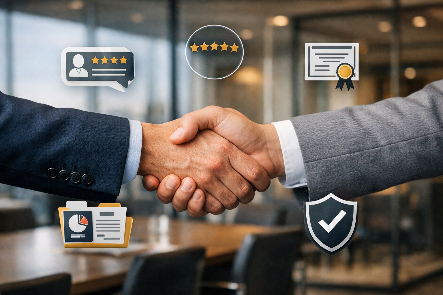 () conceptual illustration of trust-building elements in business relationships. Central focus on handshake between business