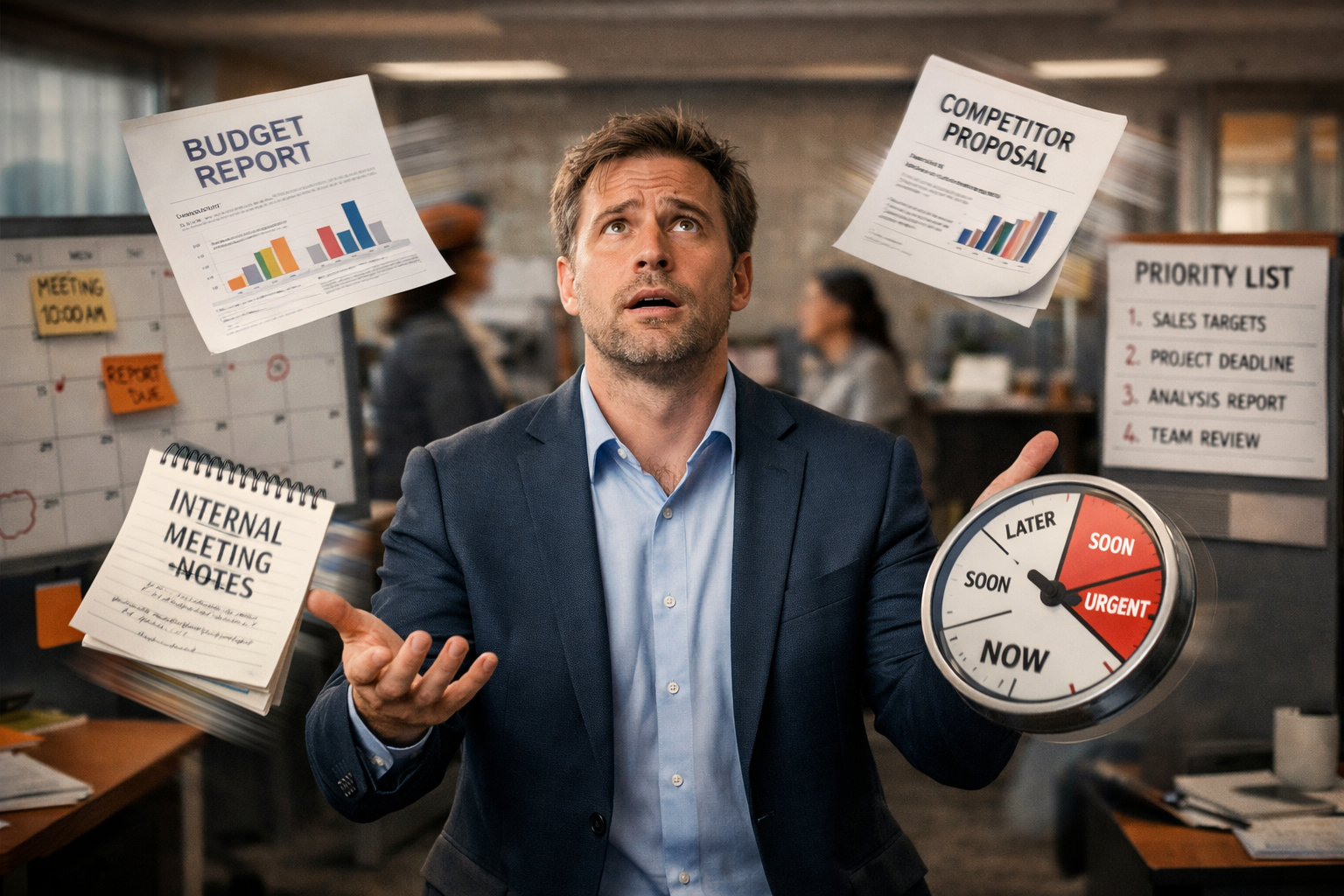 () visual representation of competing priorities overwhelming a prospect. Center shows business person juggling multiple