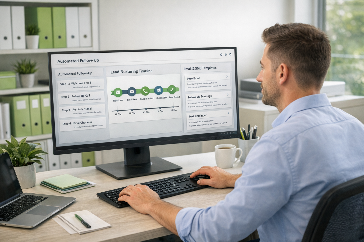 () image of streamlined communication system in action. Modern workspace featuring organized dashboard on large monitor