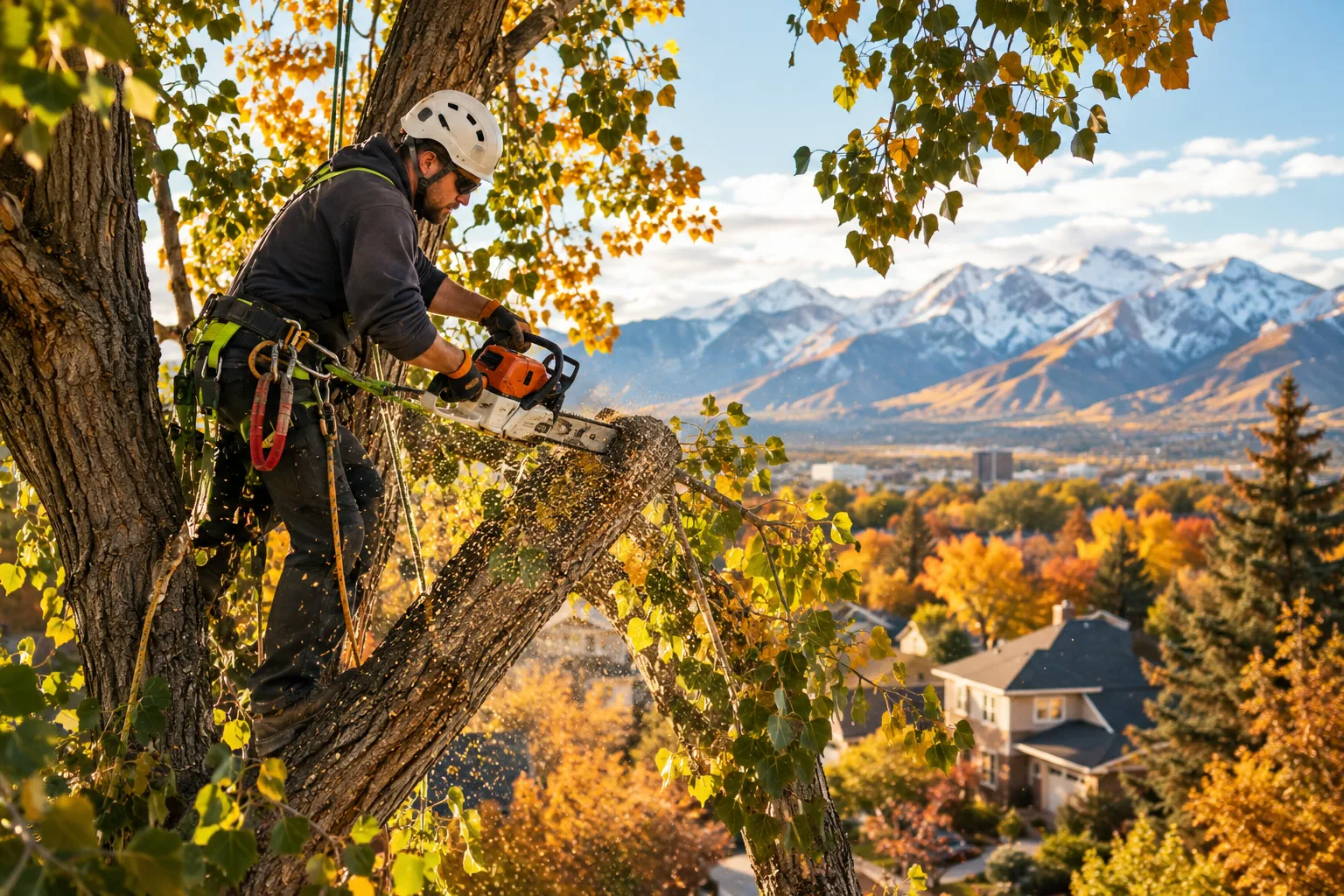 Editorial () hero image, no . A professional arborist in a hard hat and safety harness operates a chainsaw high in a mature
