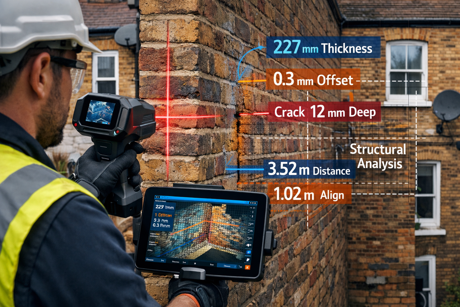 Detailed () image showing close-up of surveyor using advanced laser scanning equipment at a residential party wall boundary