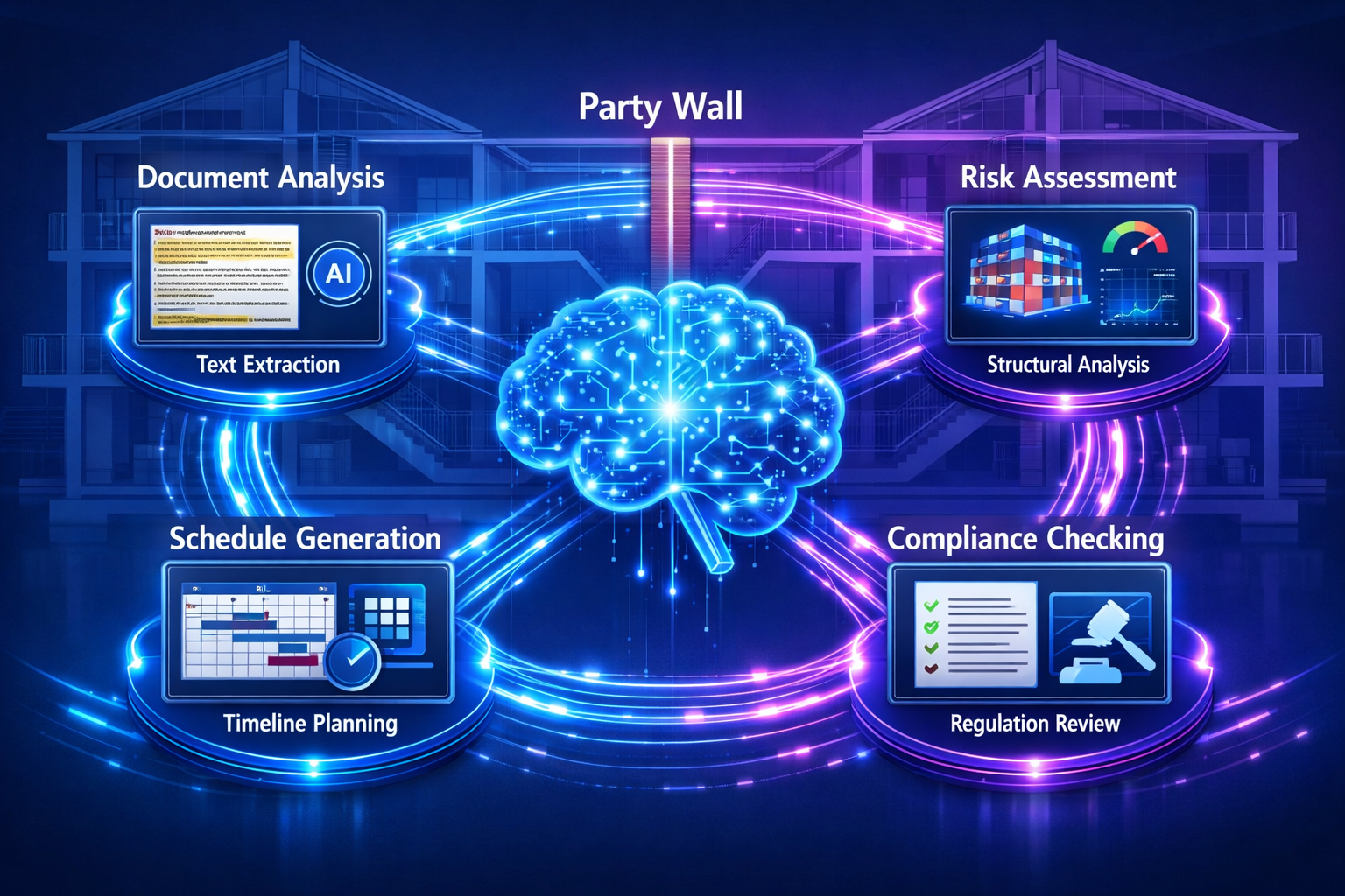 Detailed () conceptual illustration showing AI agent network workflow for party wall notice preparation. Central digital