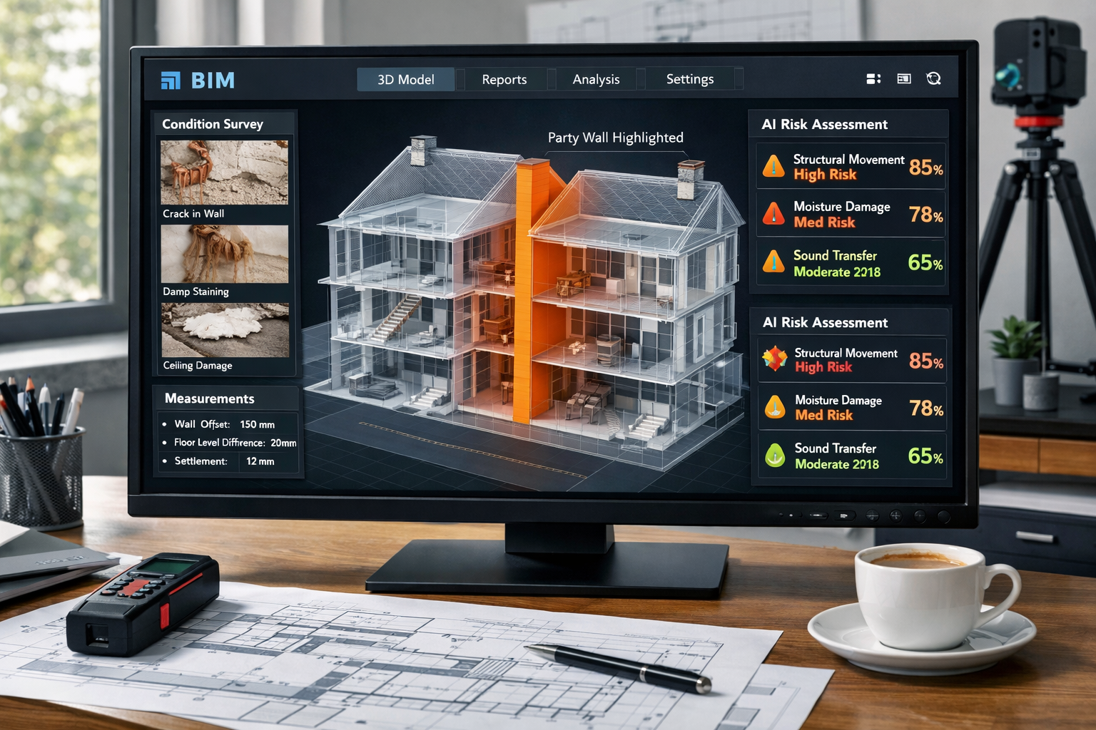 Detailed () image showing integrated BIM digital twin interface on large desktop monitor in modern surveyor office. Screen