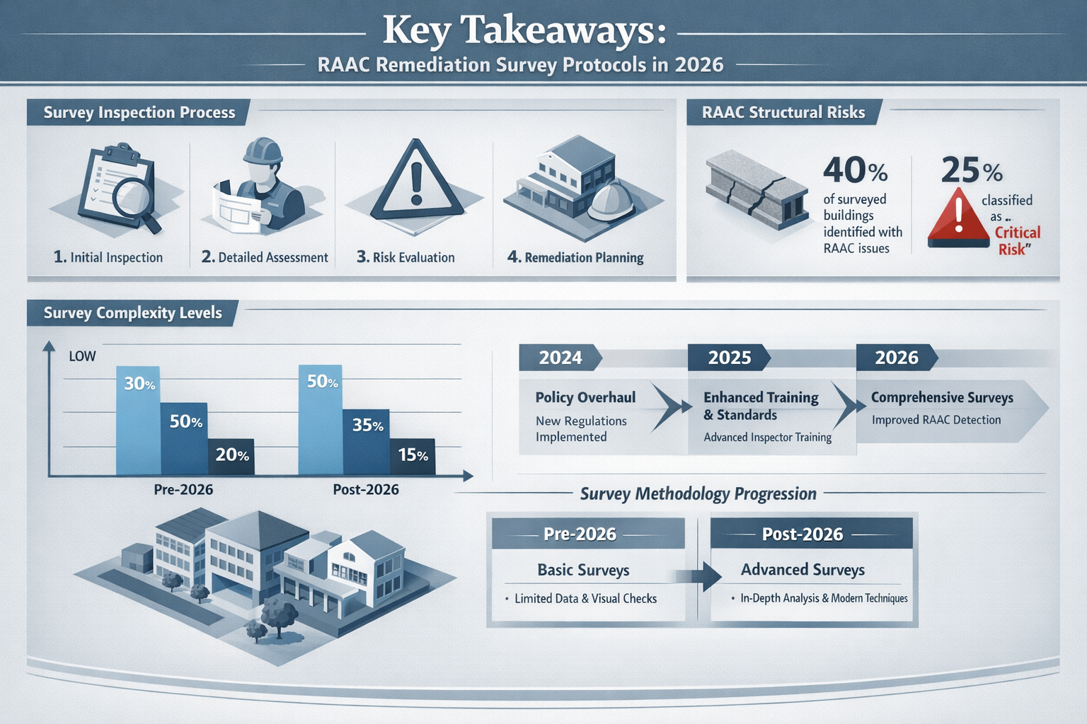 Comprehensive editorial-style infographic visualizing 'Key Takeaways' for RAAC remediation survey protocols in 2026,