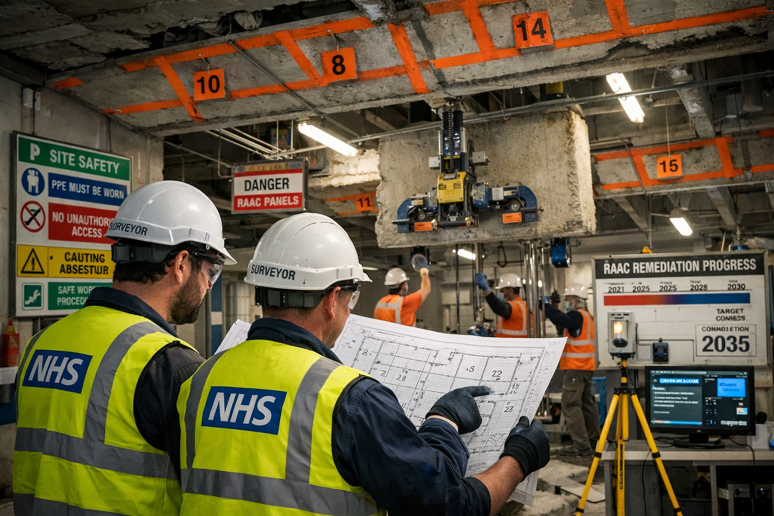 () detailed scene inside NHS hospital building undergoing RAAC remediation work, showing exposed ceiling structure with