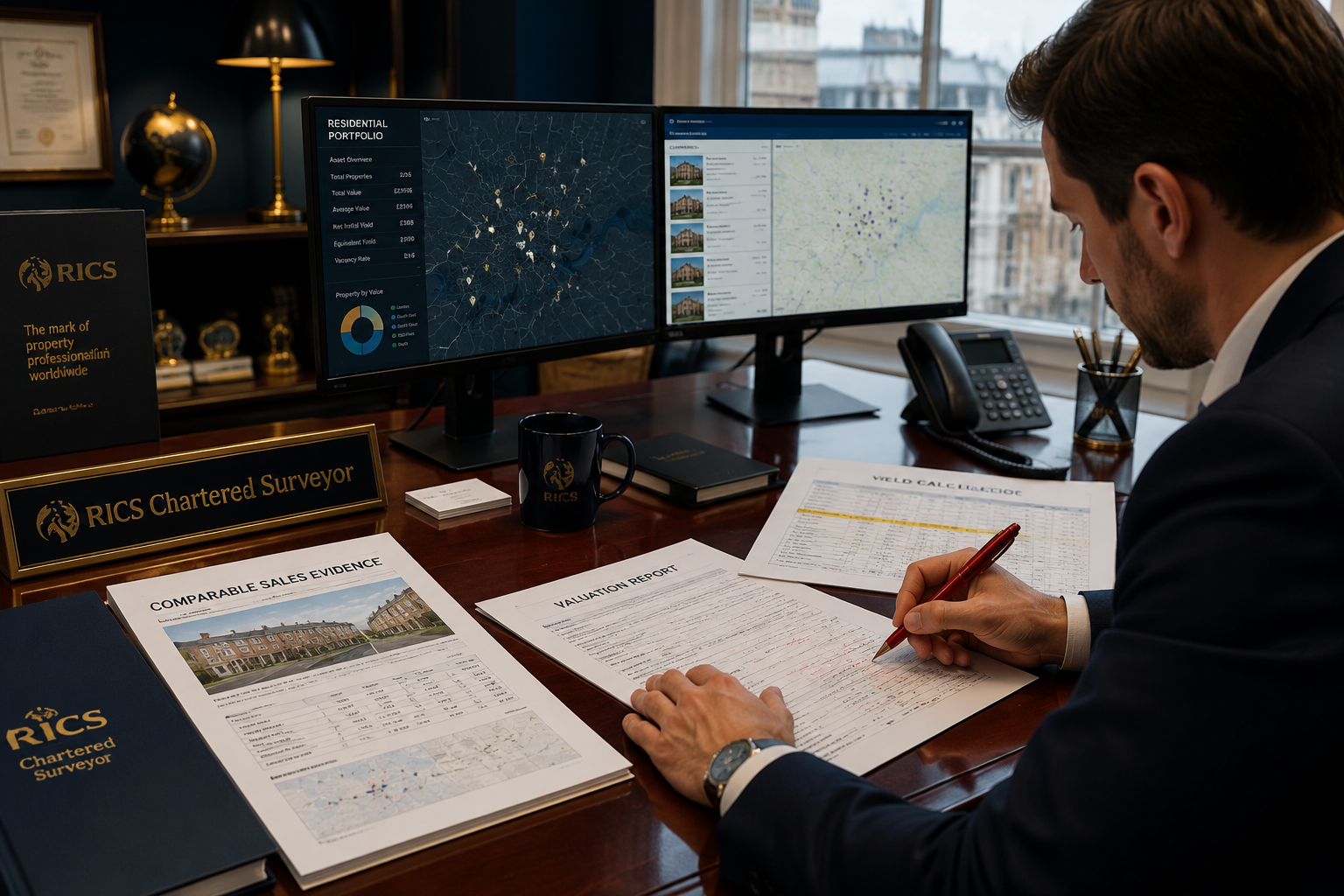 Wide-angle editorial photograph of a RICS chartered surveyor at a mahogany desk in a high-end London office, surrounded by
