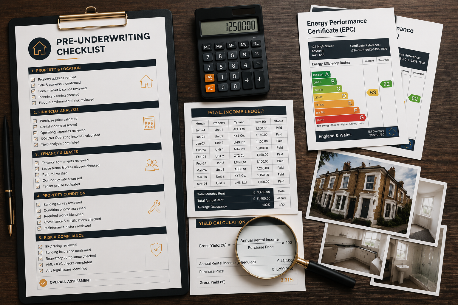 Flat-lay infographic style image showing a structured pre-underwriting checklist on premium paper beside a calculator, EPC