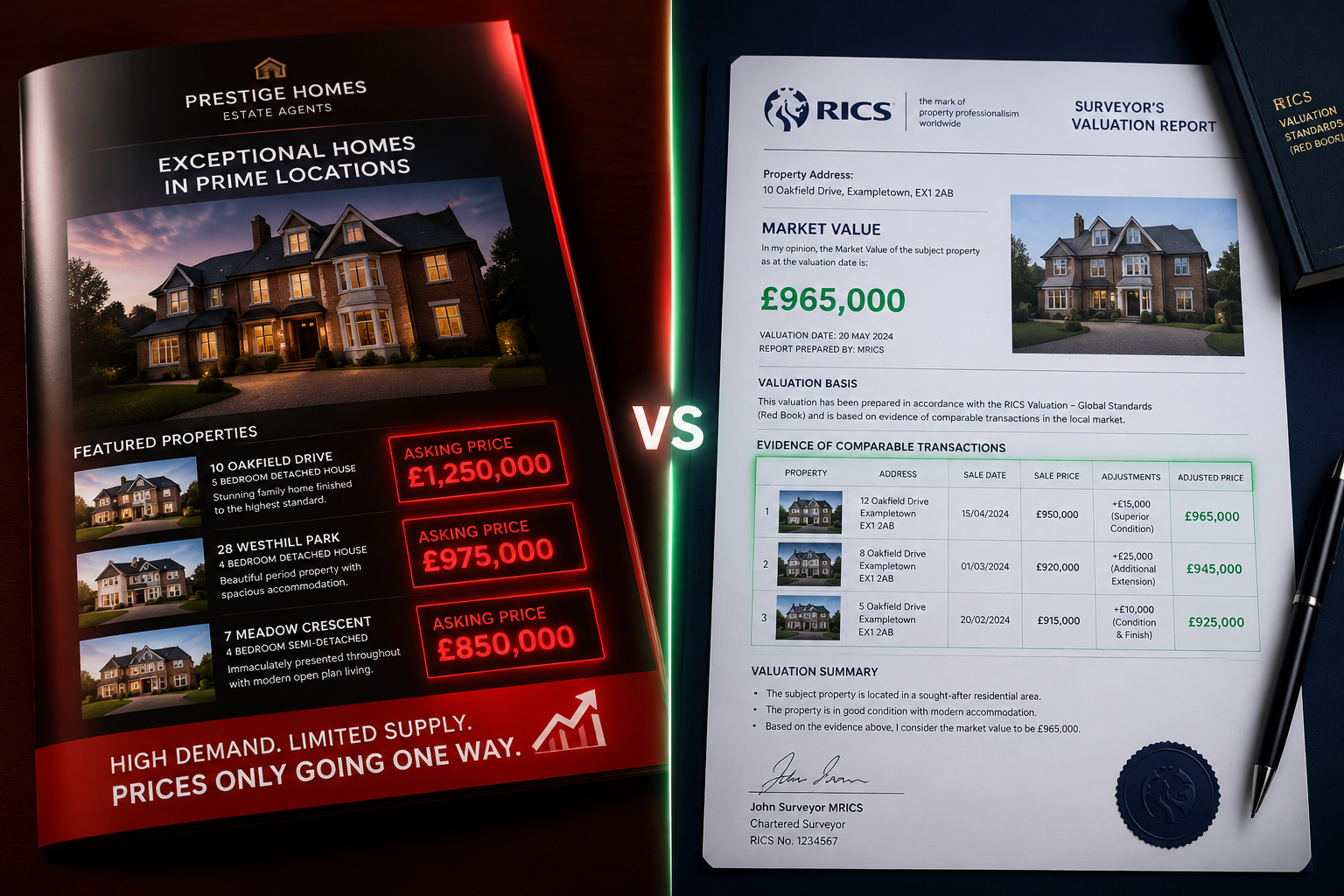 Split-scene editorial image contrasting two scenarios: left side shows a glossy estate agent brochure with inflated asking