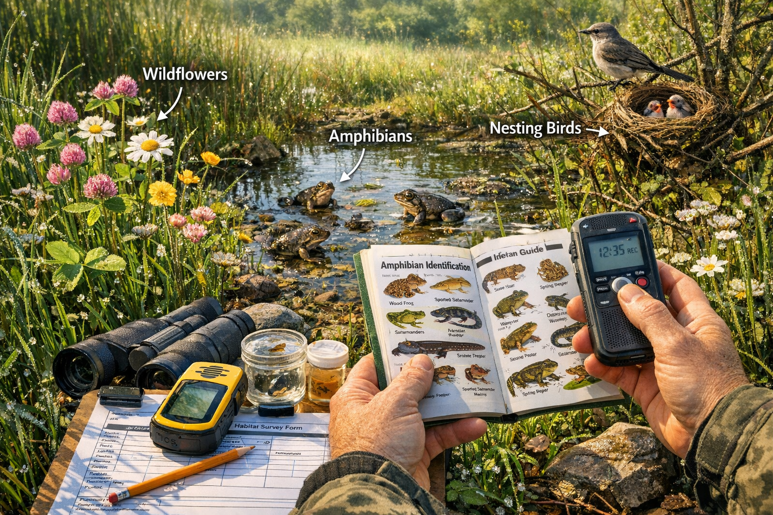 Detailed () image showing professional biodiversity surveyor conducting spring field assessment in diverse habitat. Close-up