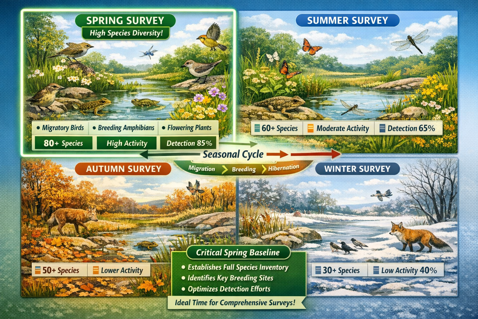 Detailed () infographic-style illustration comparing four seasonal survey periods in grid layout. Each quadrant shows same
