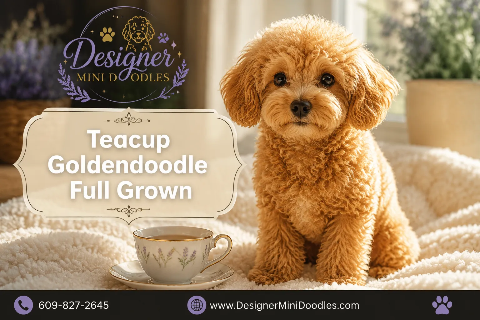 Professional () editorial hero image with 'Teacup Goldendoodle Full Grown' in crisp white modern on a soft cream
