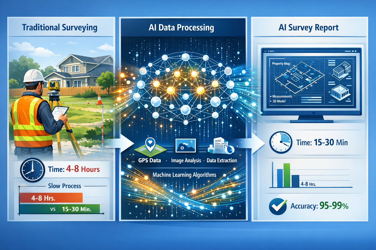Landscape format (1536x1024) detailed illustration showing AI-powered property survey data processing workflow with three connected panels: