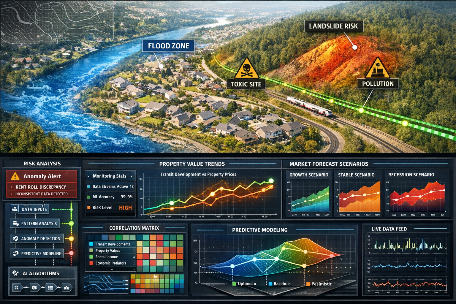 Landscape format (1536x1024) comprehensive visualization of predictive analytics and risk assessment in property surveying featuring split-s