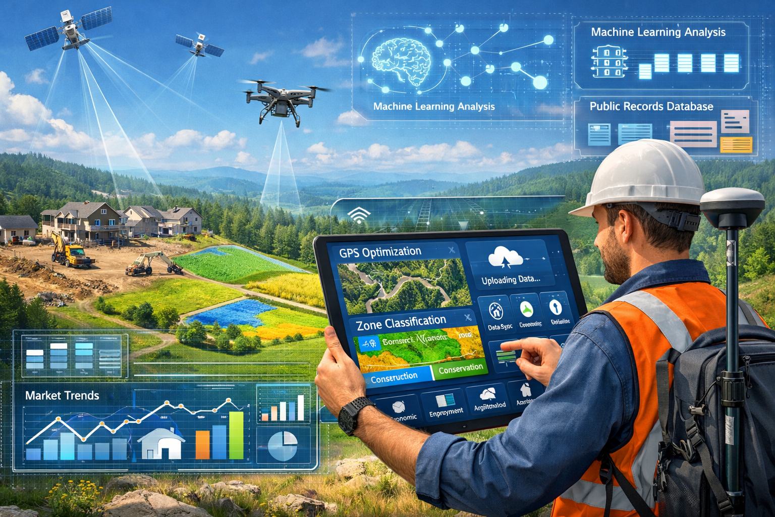 Landscape format (1536x1024) detailed illustration of practical AI implementation for modern surveyors showing professional surveyor in fiel