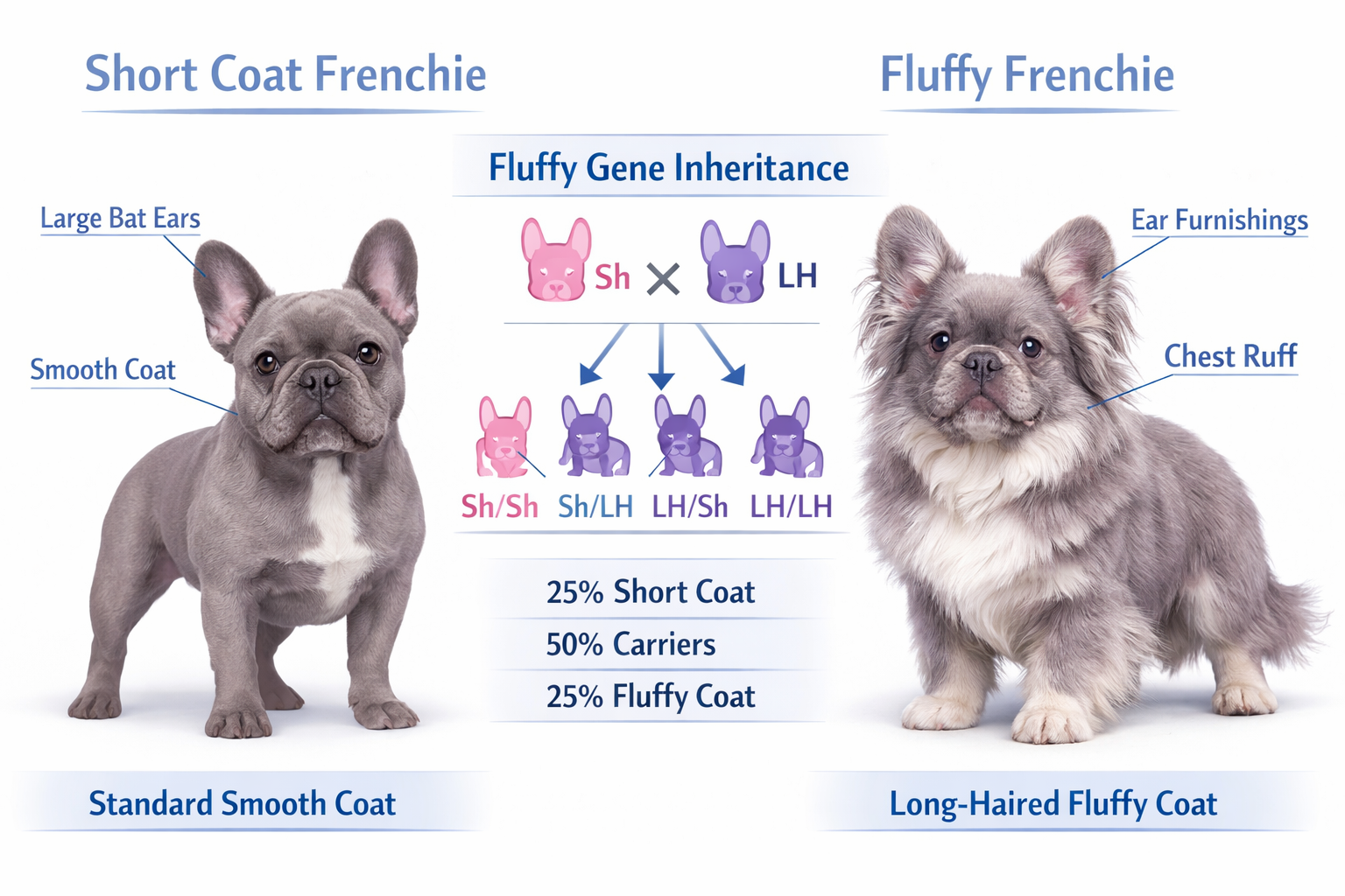 Detailed landscape infographic (1536x1024) showing the distinctive fluffy gene characteristics in French Bulldogs. Split-screen comparison o