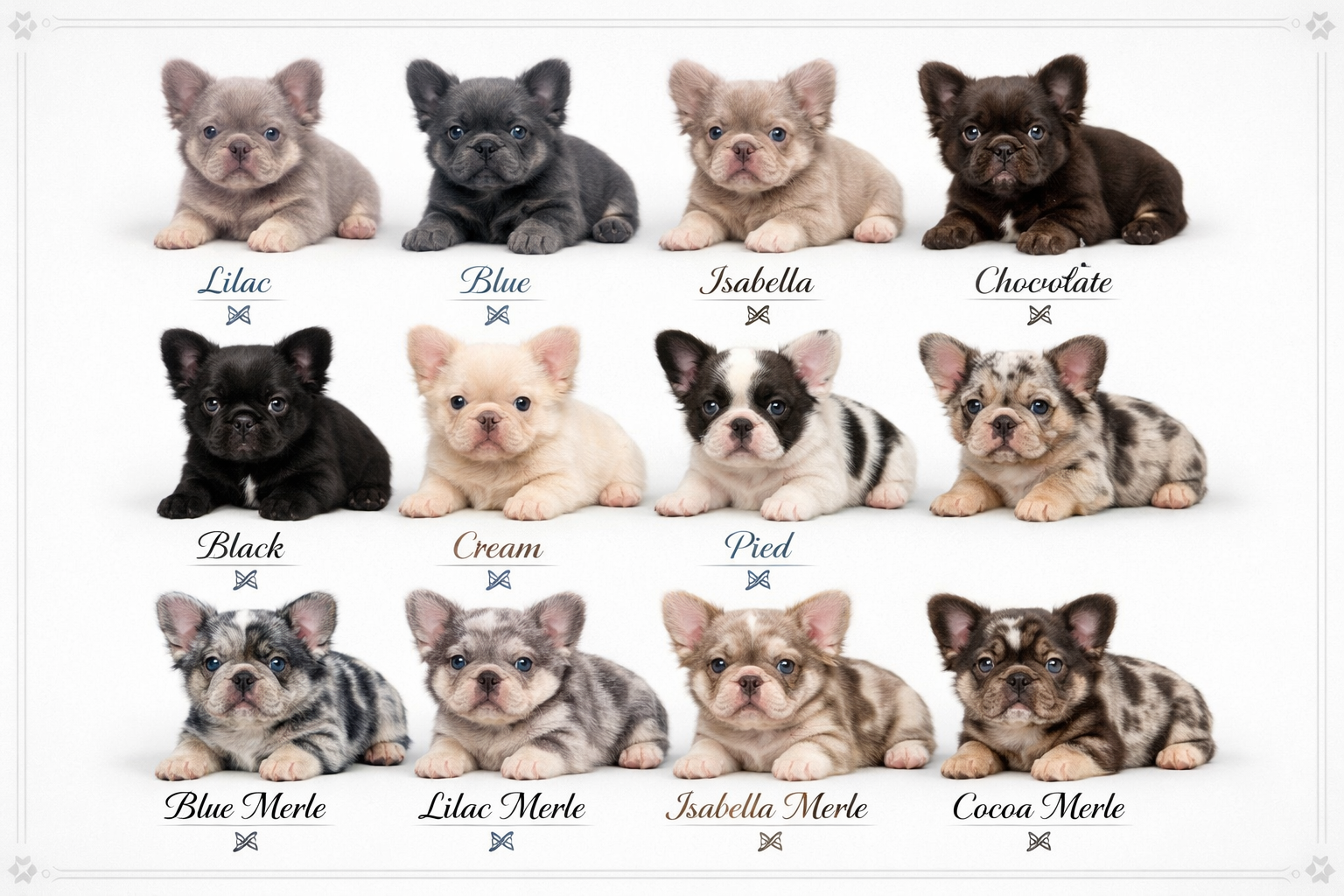 Comprehensive landscape chart (1536x1024) displaying the complete color spectrum of fluffy French Bulldogs available from top AKC breeders.