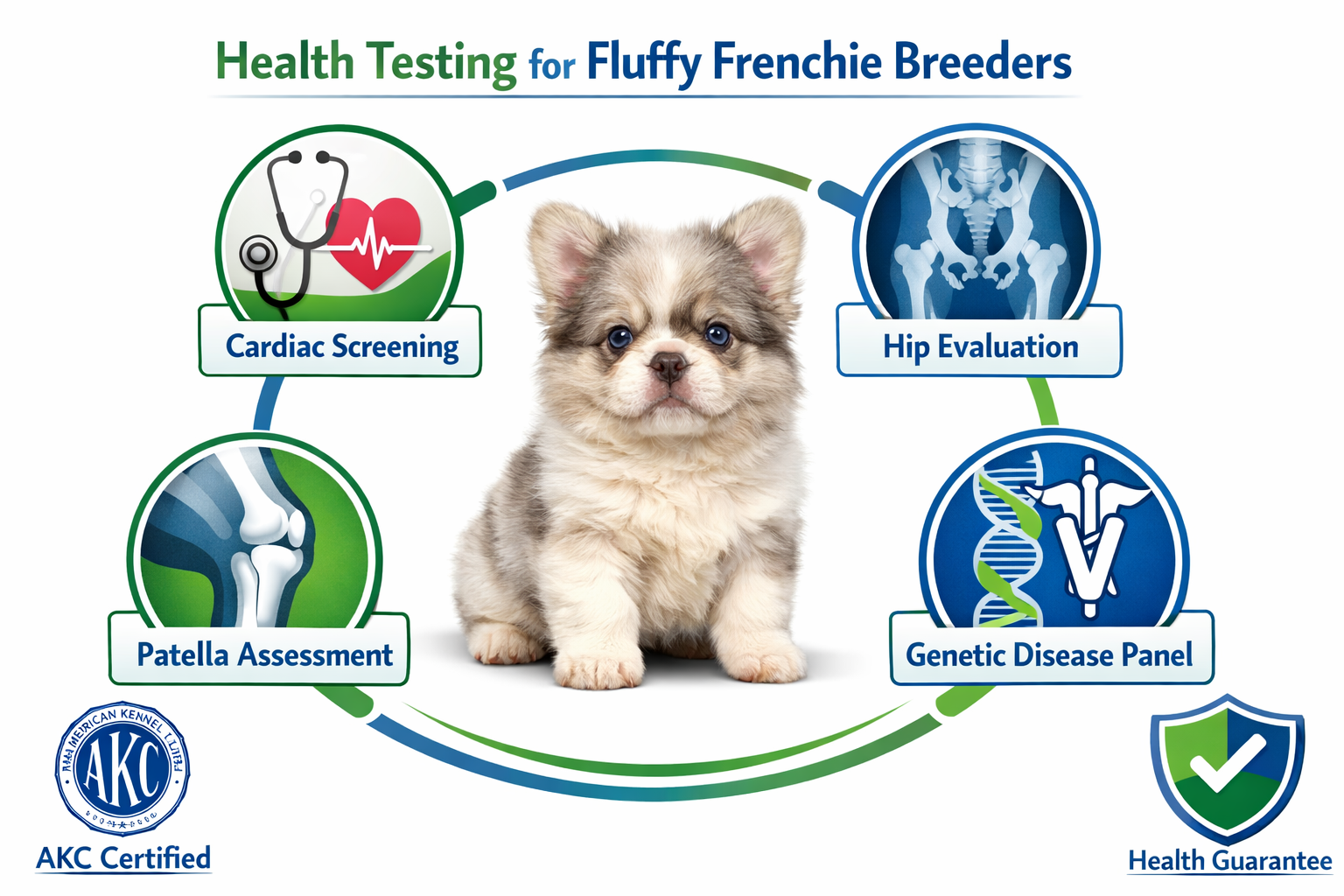 Interactive landscape visualization (1536x1024) showing the complete health testing protocol for reputable fluffy Frenchie breeders. Central