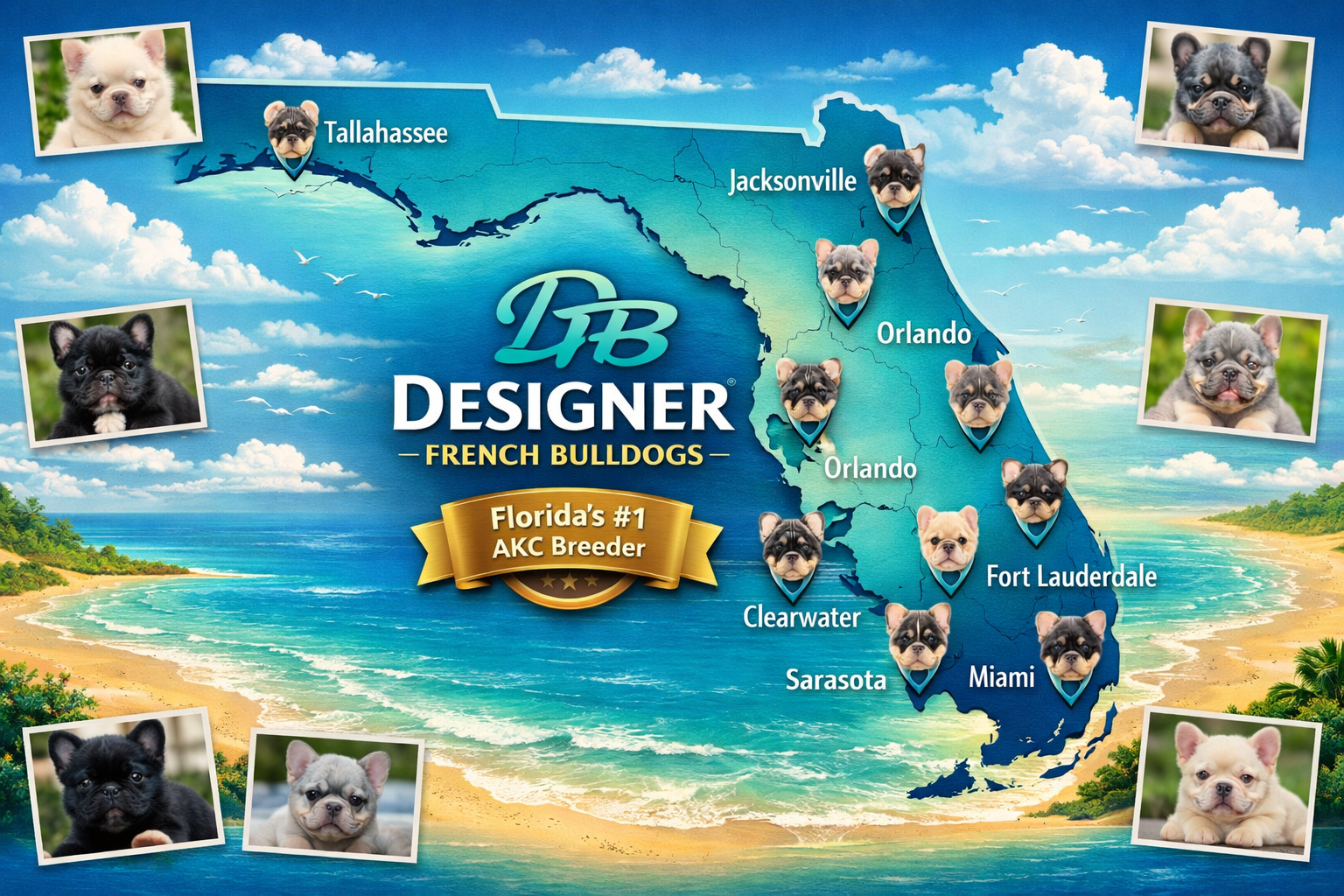 Detailed landscape map visualization (1536x1024) of Florida showing major cities with fluffy Frenchie breeder availability. Stylized Florida