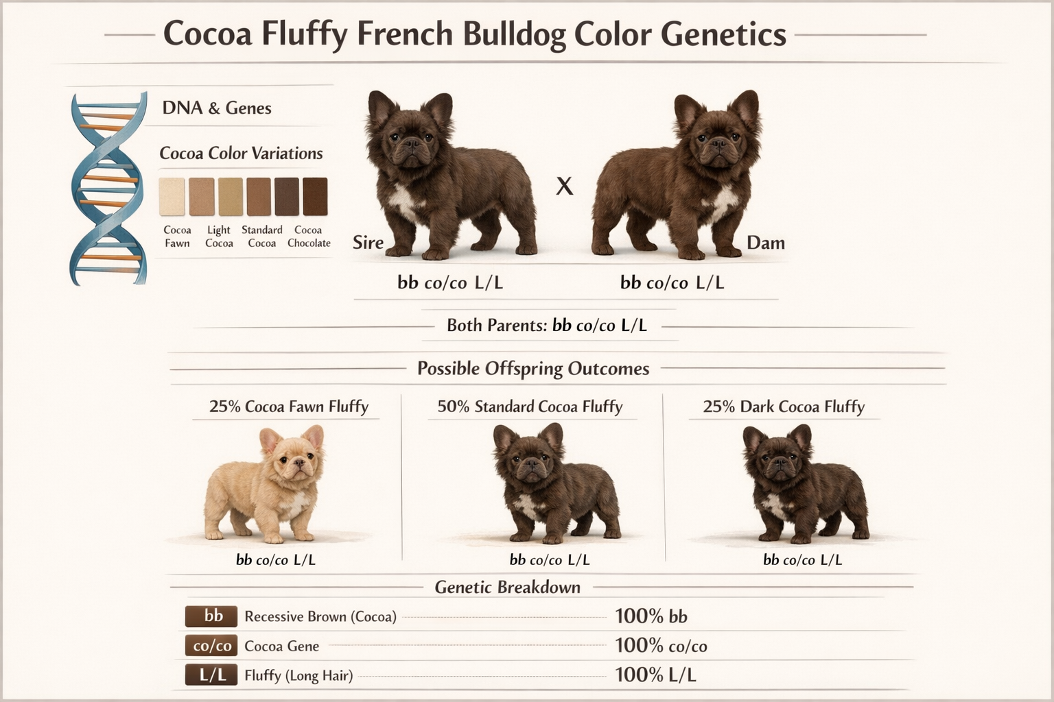 Detailed infographic showing cocoa fluffy French bulldog color genetics chart with DNA helix, color swatches from light cocoa to deep chocol