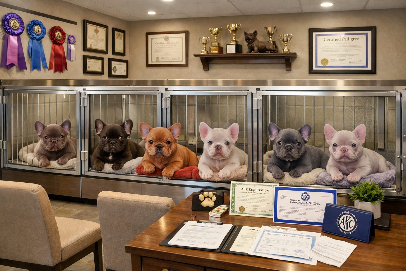 Premium breeding facility interior showing multiple fluffy French bulldog colors side by side - cocoa, chocolate, rojo, isabella, blue, lila