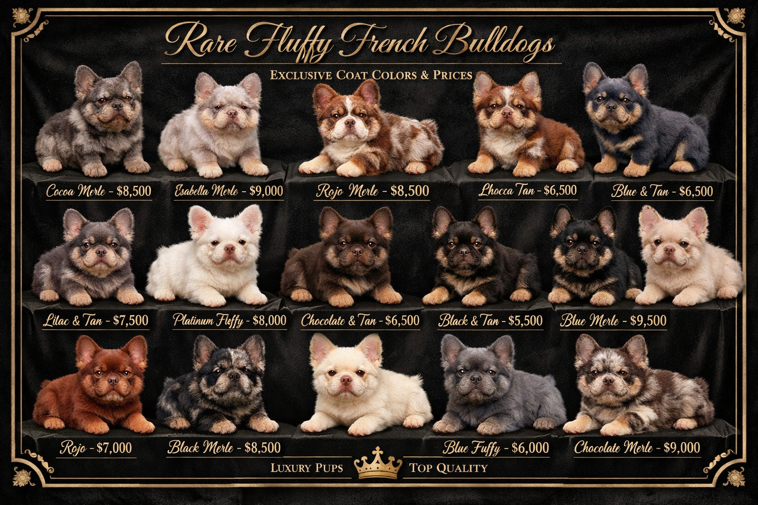 Interactive color selection board displaying 15+ fluffy French bulldog coat variations with price tags ranging $5,000-Section Image0,000, including coc