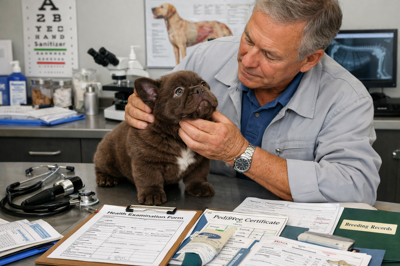 Professional breeder evaluation scene showing experienced handler examining cocoa fluffy French bulldog puppy for health screening, with vet