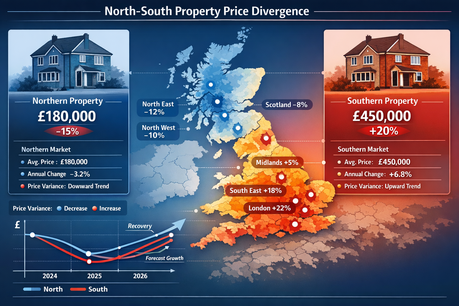 Landscape format (1536x1024) UK map visualization showing north-south price divergence with heat map gradient from cool blues in northern re