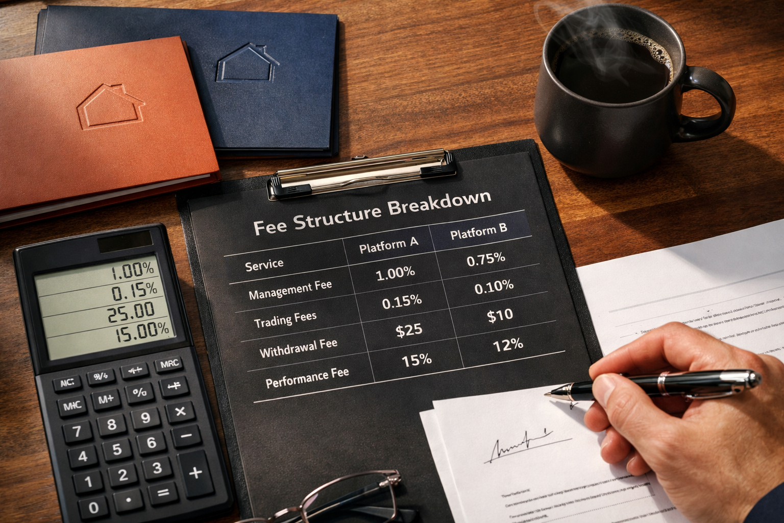 () image depicting a close-up overhead flat-lay of a financial analyst's workspace with a printed fee structure breakdown