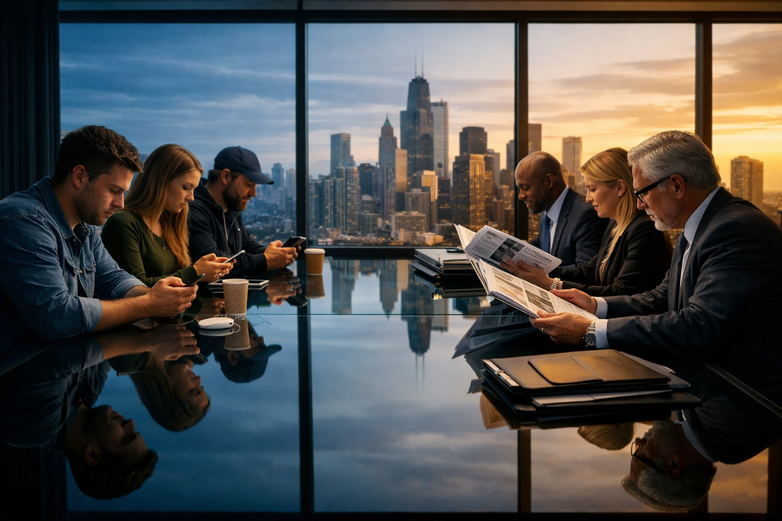 () wide-angle image of a modern conference room where two distinct groups of investors are visible on opposite sides of a
