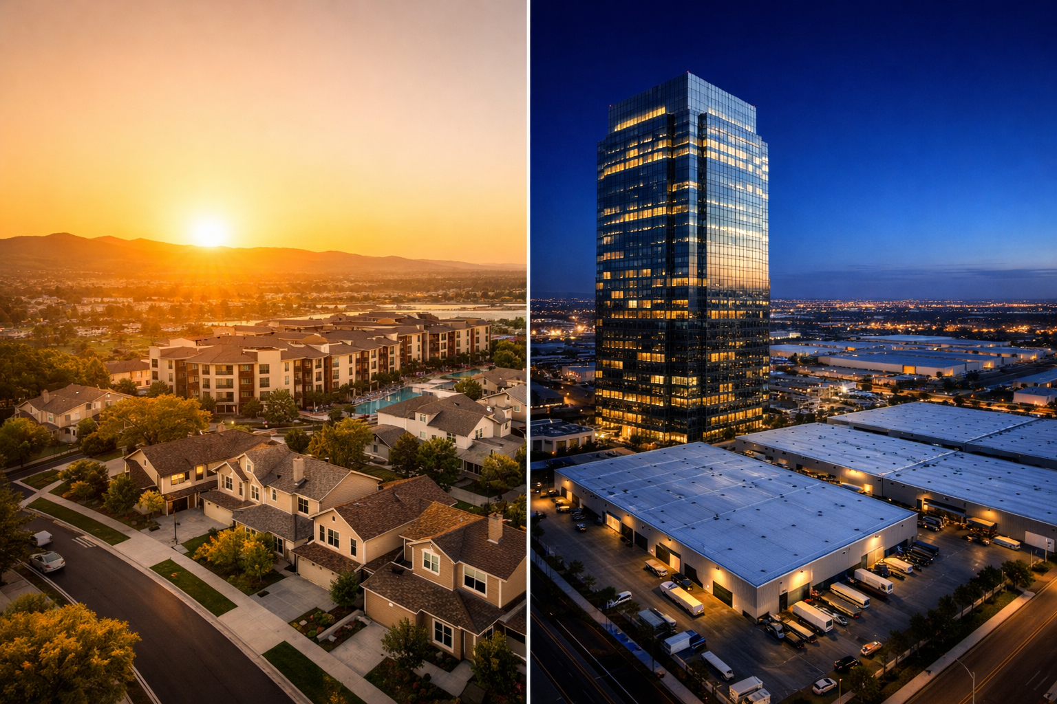 () editorial image showing a dramatic split-scene composition, left half depicting a calm residential neighborhood with