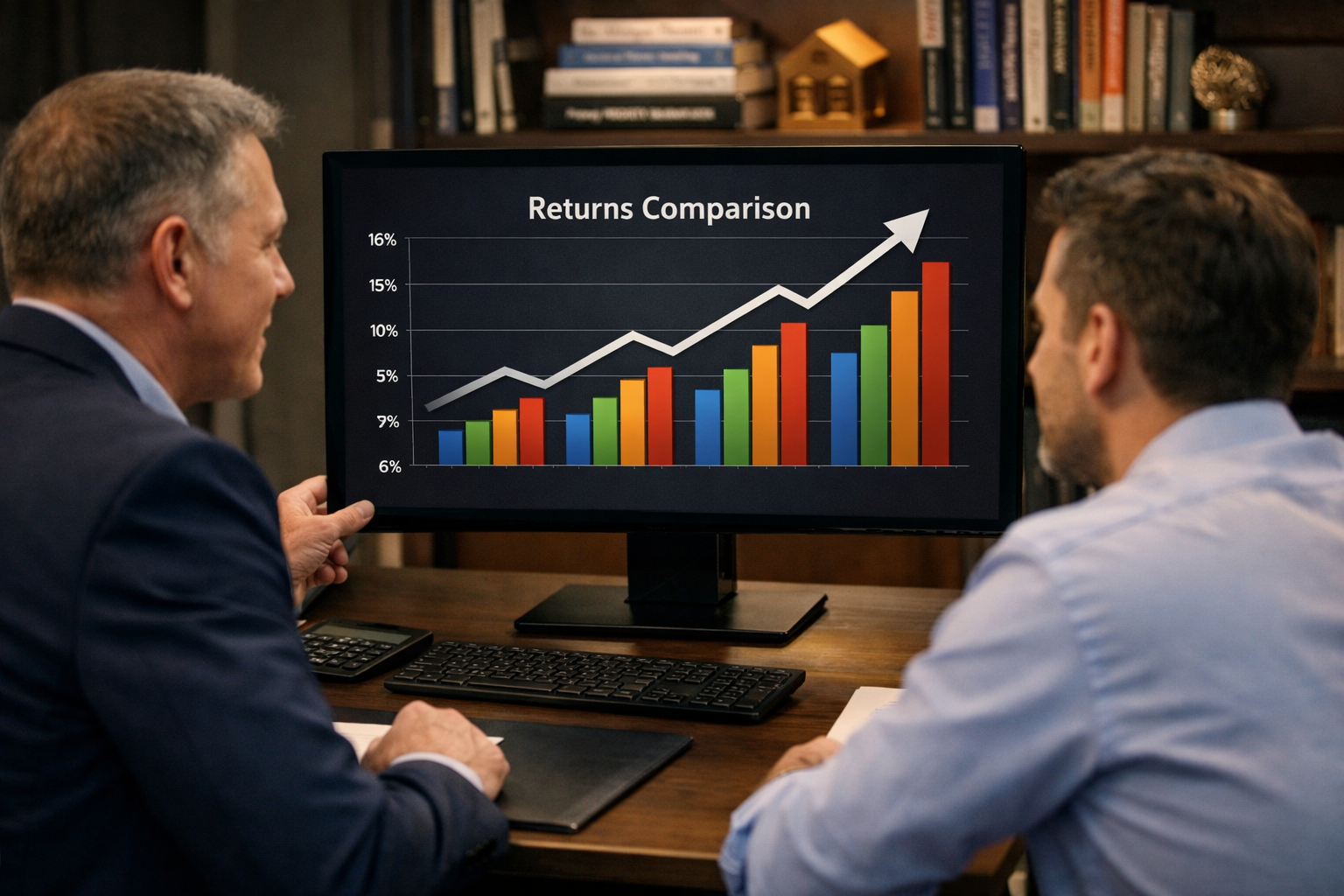 () image of a financial advisor sitting across from a client at a modern desk, both looking at a large monitor displaying a