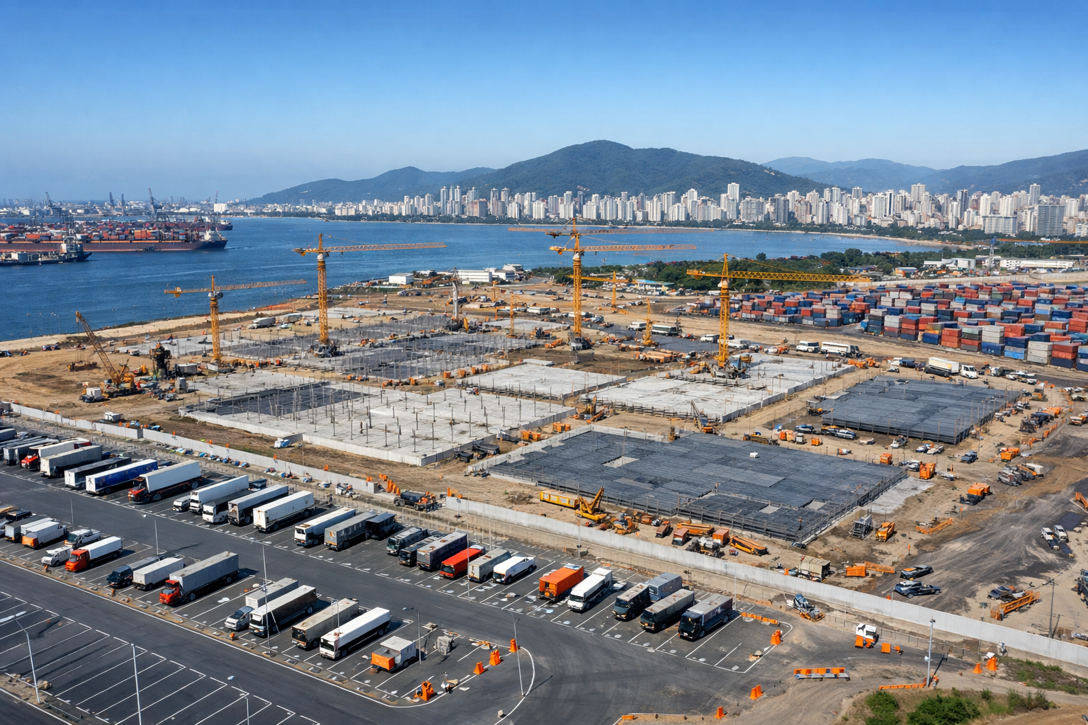 Aerial wide-angle view of Port of Santos Right Bank logistics condominium construction site showing 121,000 square meters of