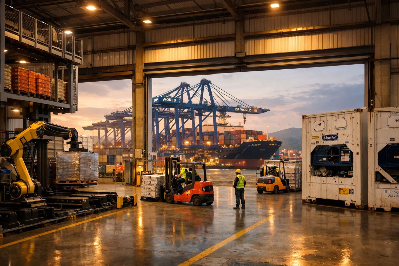 Ground-level perspective inside a modern Brazilian logistics park warehouse near Santos port showing automated cargo