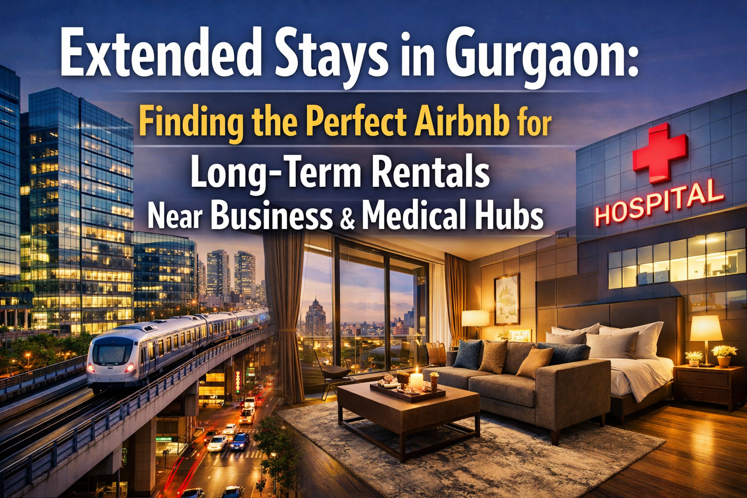 Professional landscape hero image () with : "Extended Stays in Gurgaon: Finding the Perfect Airbnb for Long-Term Rentals