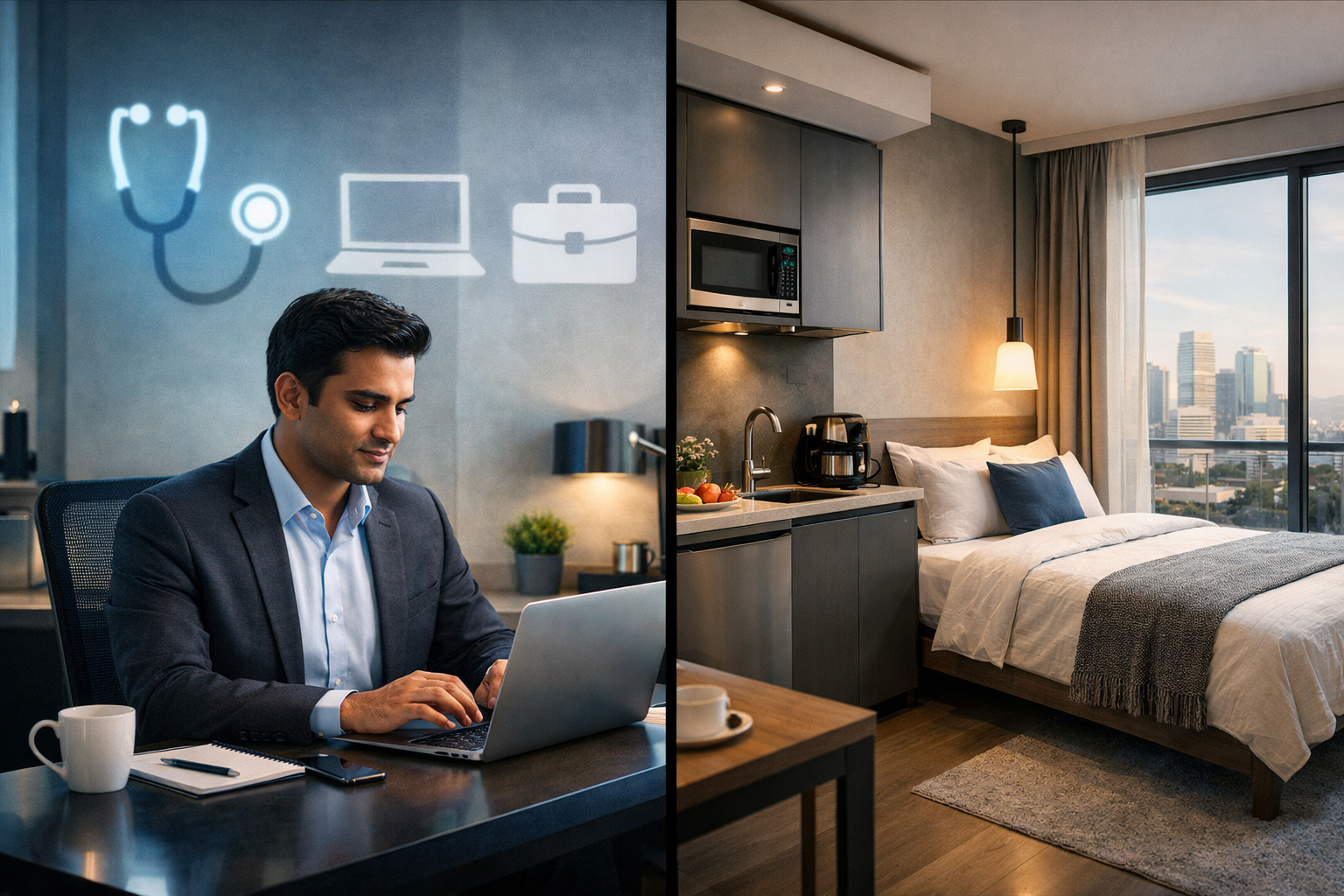 Cinematic editorial-style image showcasing modern extended stay Airbnb interior in Gurgaon's DLF Cyber City area.