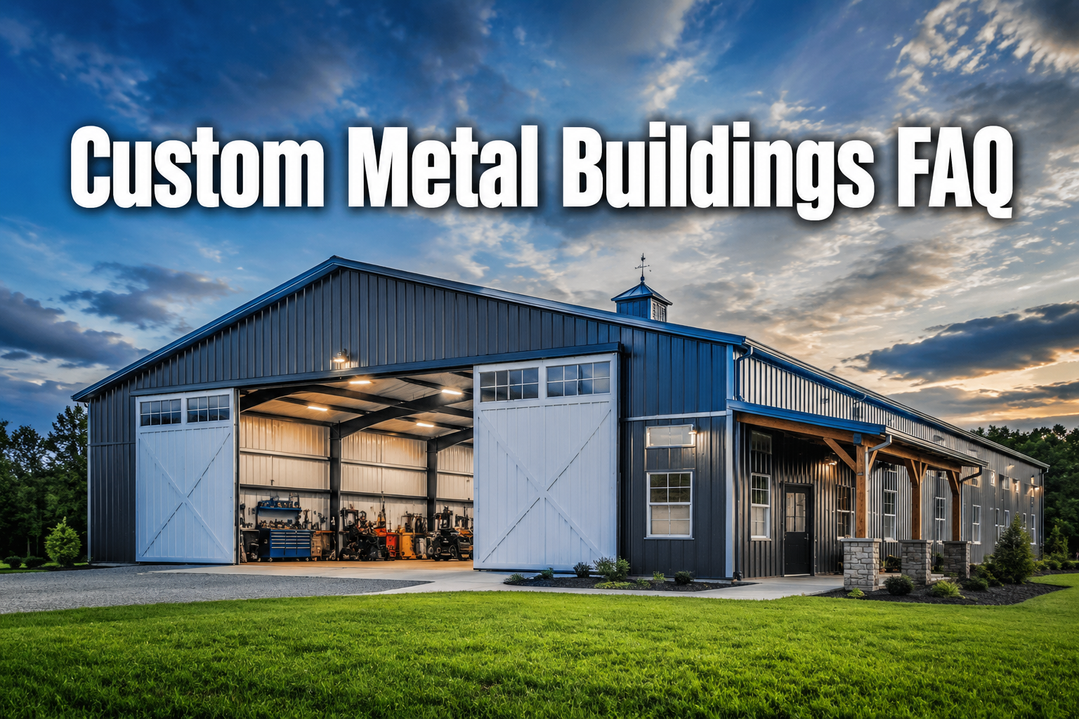 Professional () hero image with : 'Custom Metal Buildings FAQ' in extra large white with dark drop , centered in upper