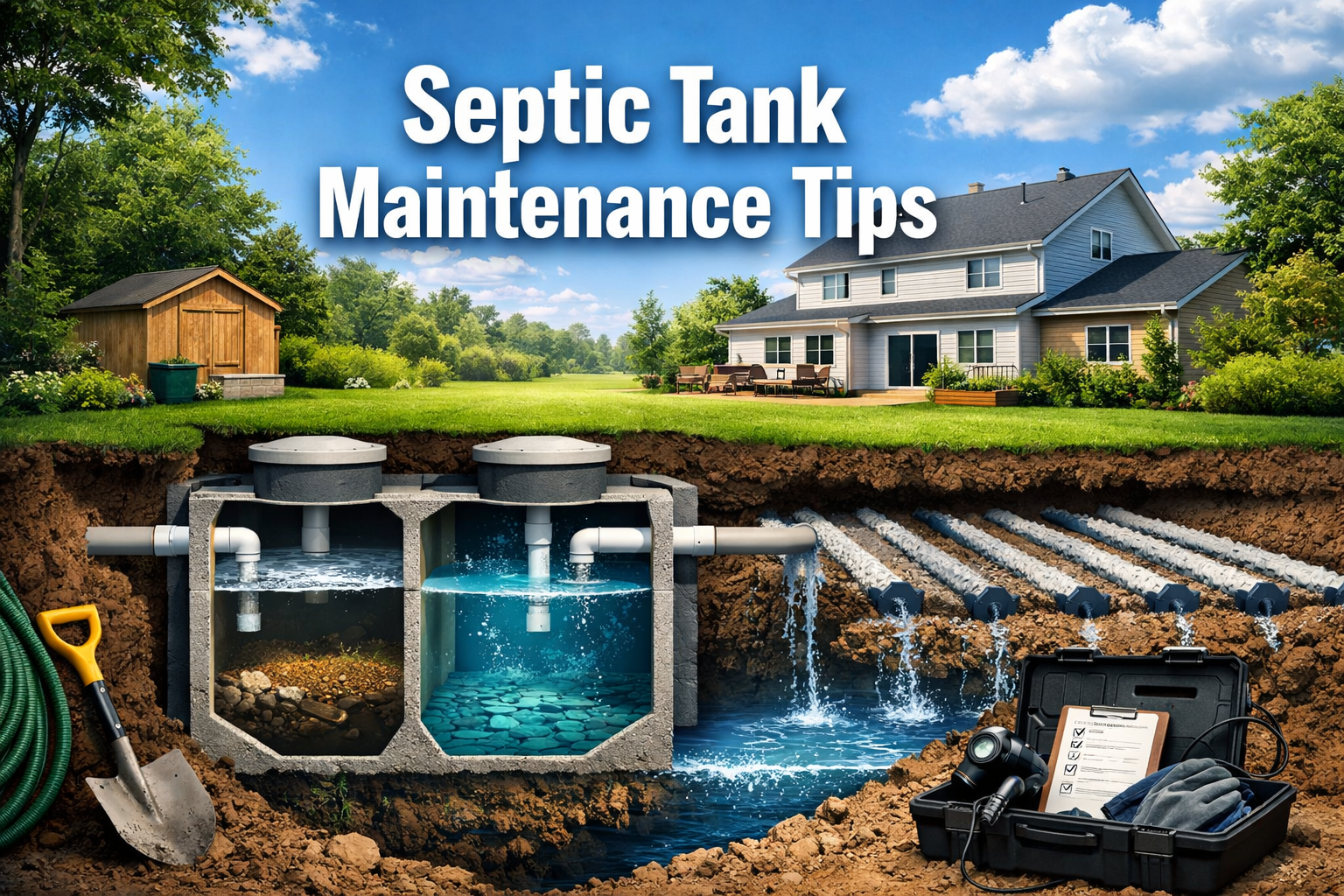 Professional landscape format (1536x1024) hero image featuring bold text overlay 'Septic Tank Maintenance Tips' in extra large 72pt white sa