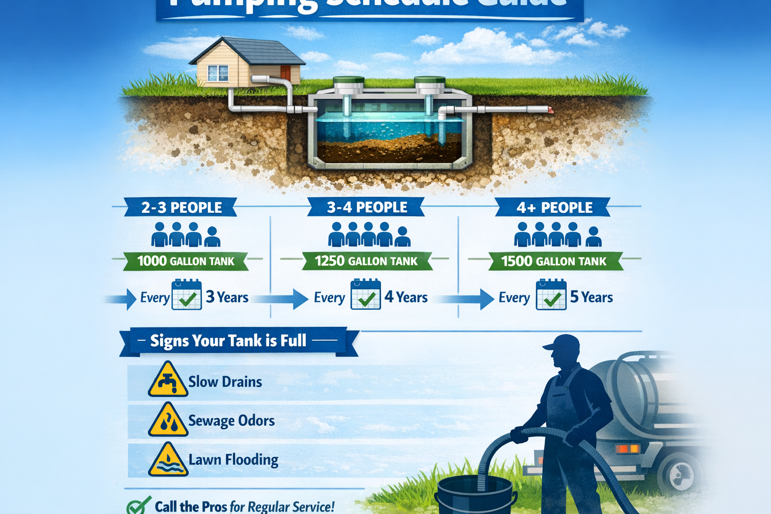 Portrait format (1024x1536) infographic showing septic tank pumping schedule timeline with 3-5 year intervals, household size indicators (2-