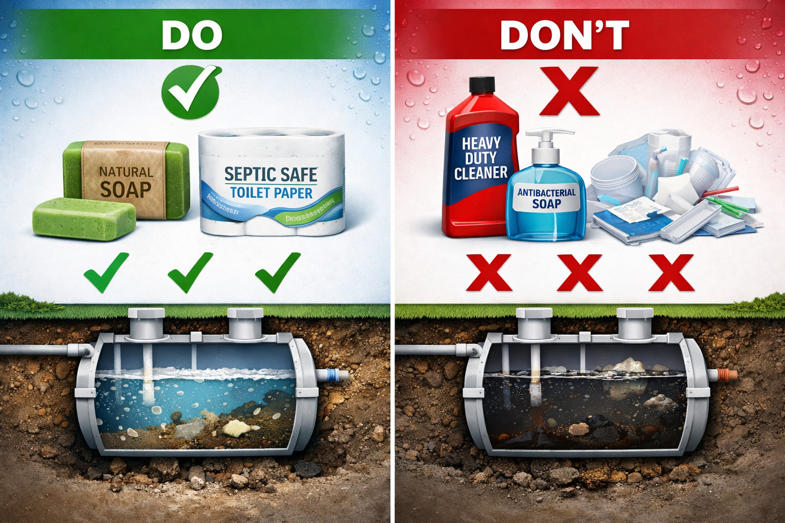 Portrait format (1024x1536) split-screen comparison showing 'DO vs DON'T' for septic-safe products. Left side displays biodegradable soaps, 