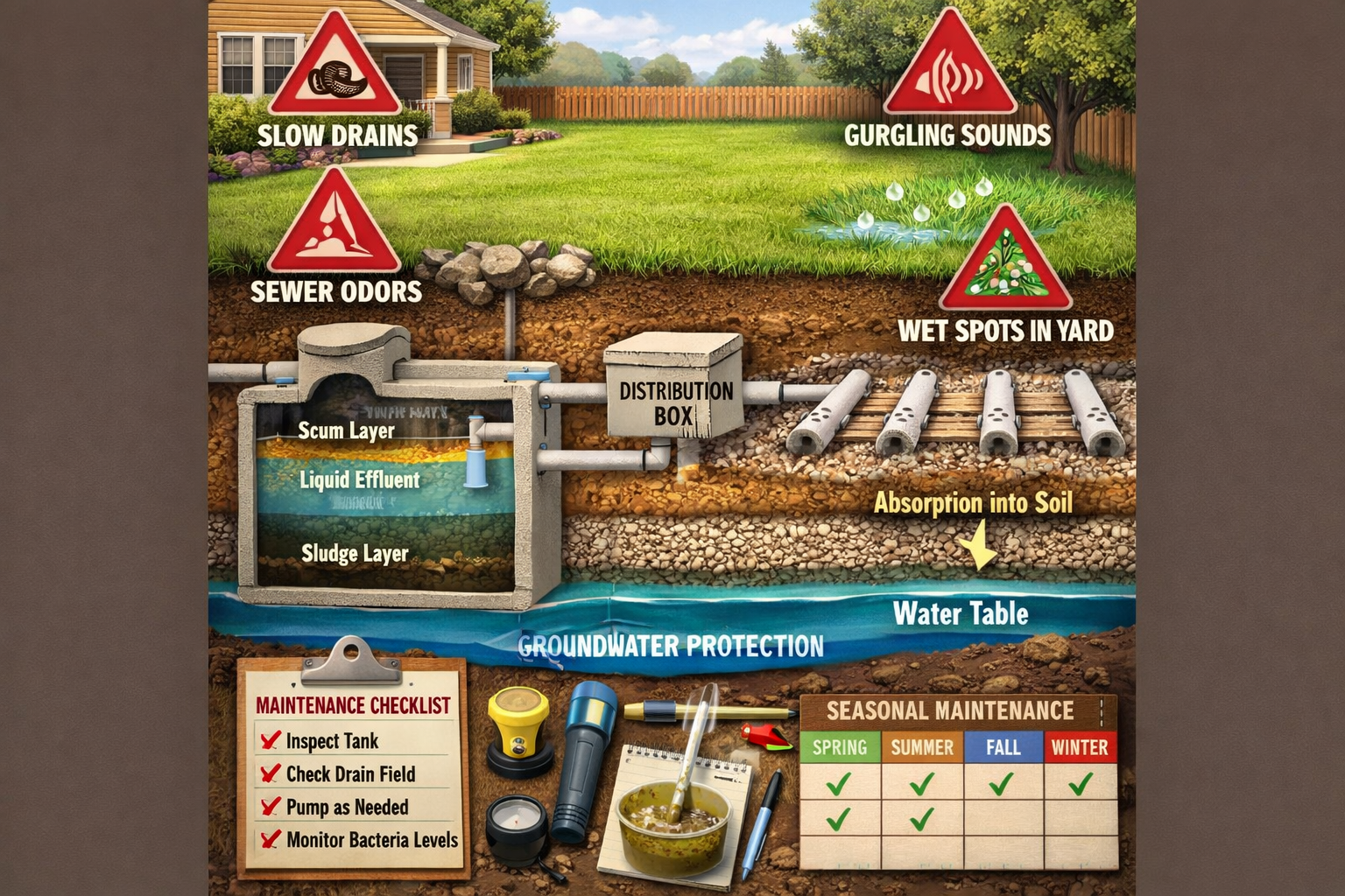Portrait format (1024x1536) cutaway illustration of septic system components showing tank, distribution box, drain field with soil layers, a