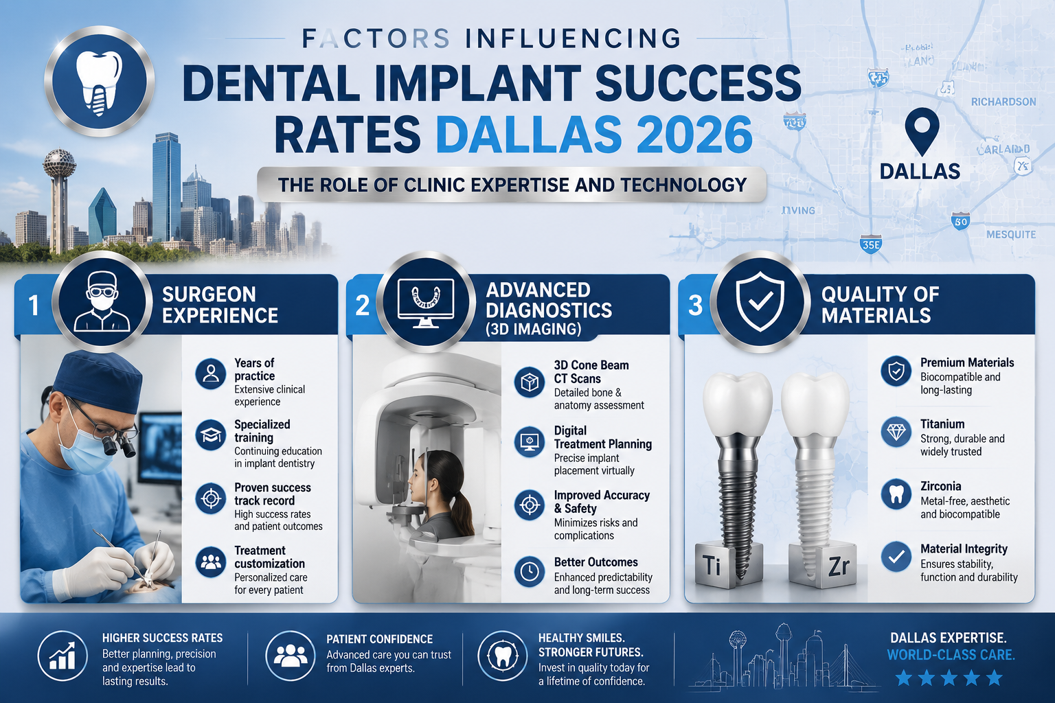 A detailed infographic in () illustrating the 'Factors Influencing Dental Implant Success Rates Dallas 2026: The Role of