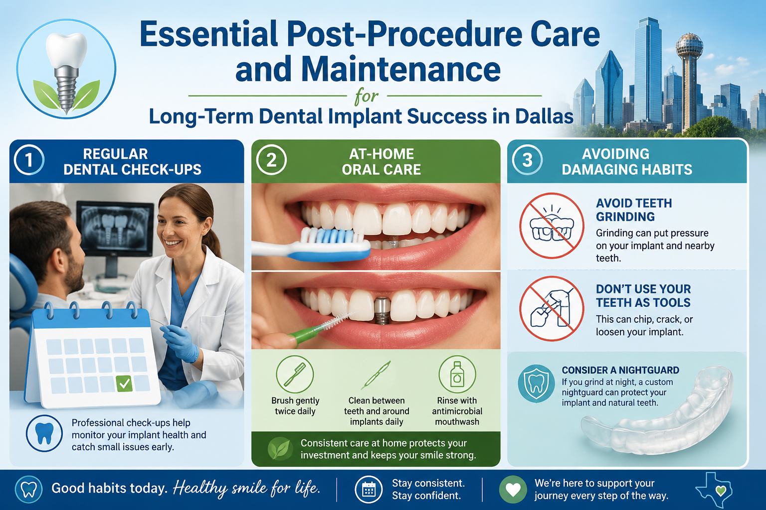 A visual guide in () illustrating 'Essential Post-Procedure Care and Maintenance for Long-Term Dental Implant Success in