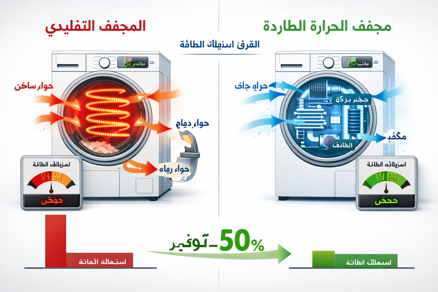 Wide-angle () split-screen comparison infographic: LEFT side shows traditional electric resistance dryer with red heat coils