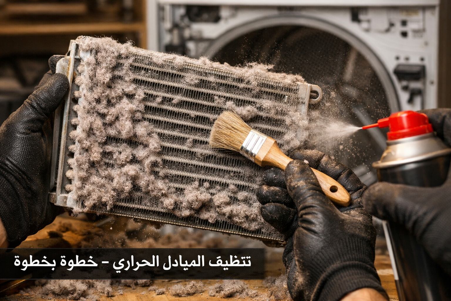 Extreme close-up () of a technician's gloved hands carefully removing and cleaning a heat pump dryer heat exchanger