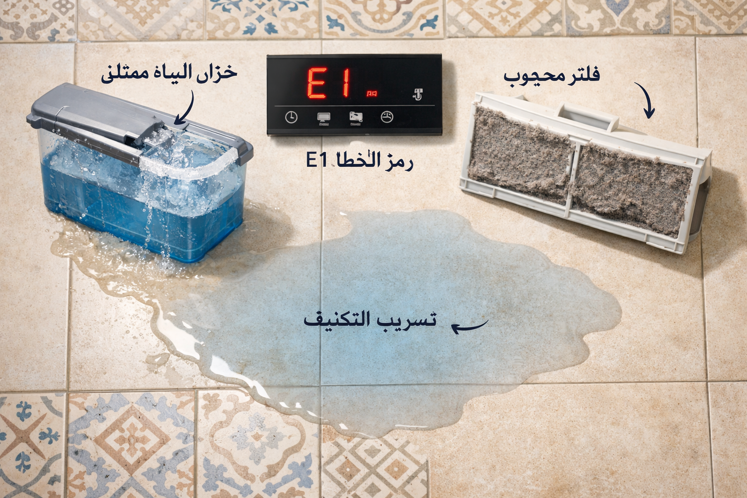 Overhead bird's-eye () flat-lay showing common heat pump dryer error codes and condensation problem symptoms: water puddle