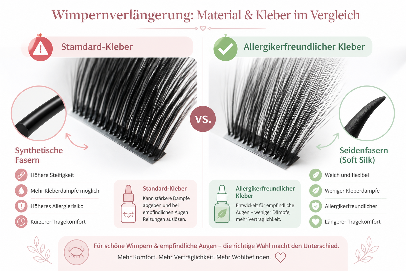 () educational infographic-style image showing side-by-side comparison of two lash extension materials: synthetic dark