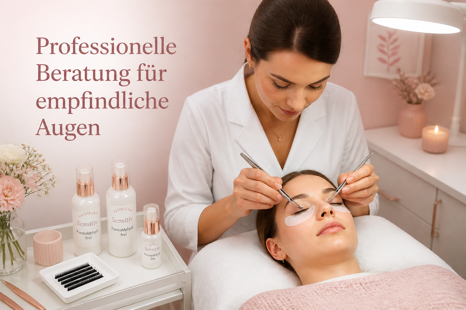 () showing a calm, surrounded by hypoallergenic product bottles labeled 'Sensitiv' and 'Formaldehyd-frei', soft warm studio