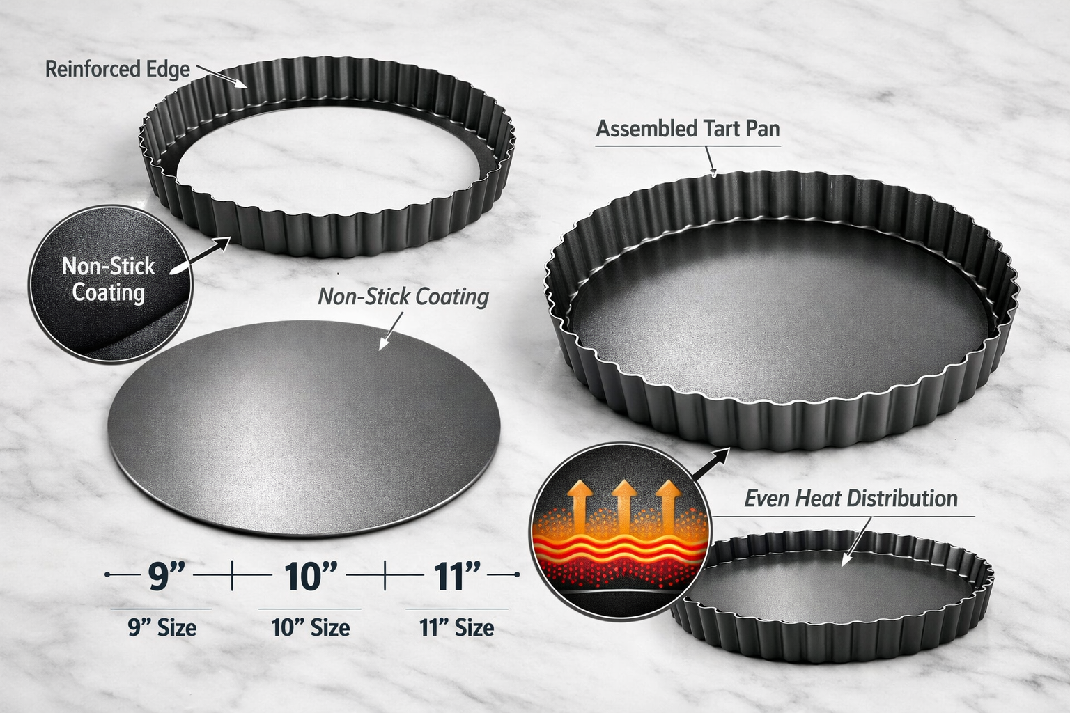 Detailed close-up photograph (1536x1024) showing exploded view of fluted tart pan with removable bottom, displaying three separate component
